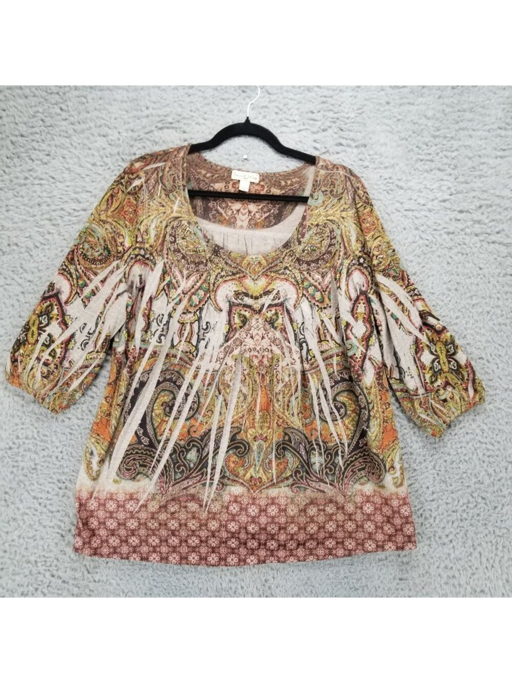 Live And Let Live Shirt Womens 1X Brown Paisley Print 3/4 Sleeve Top